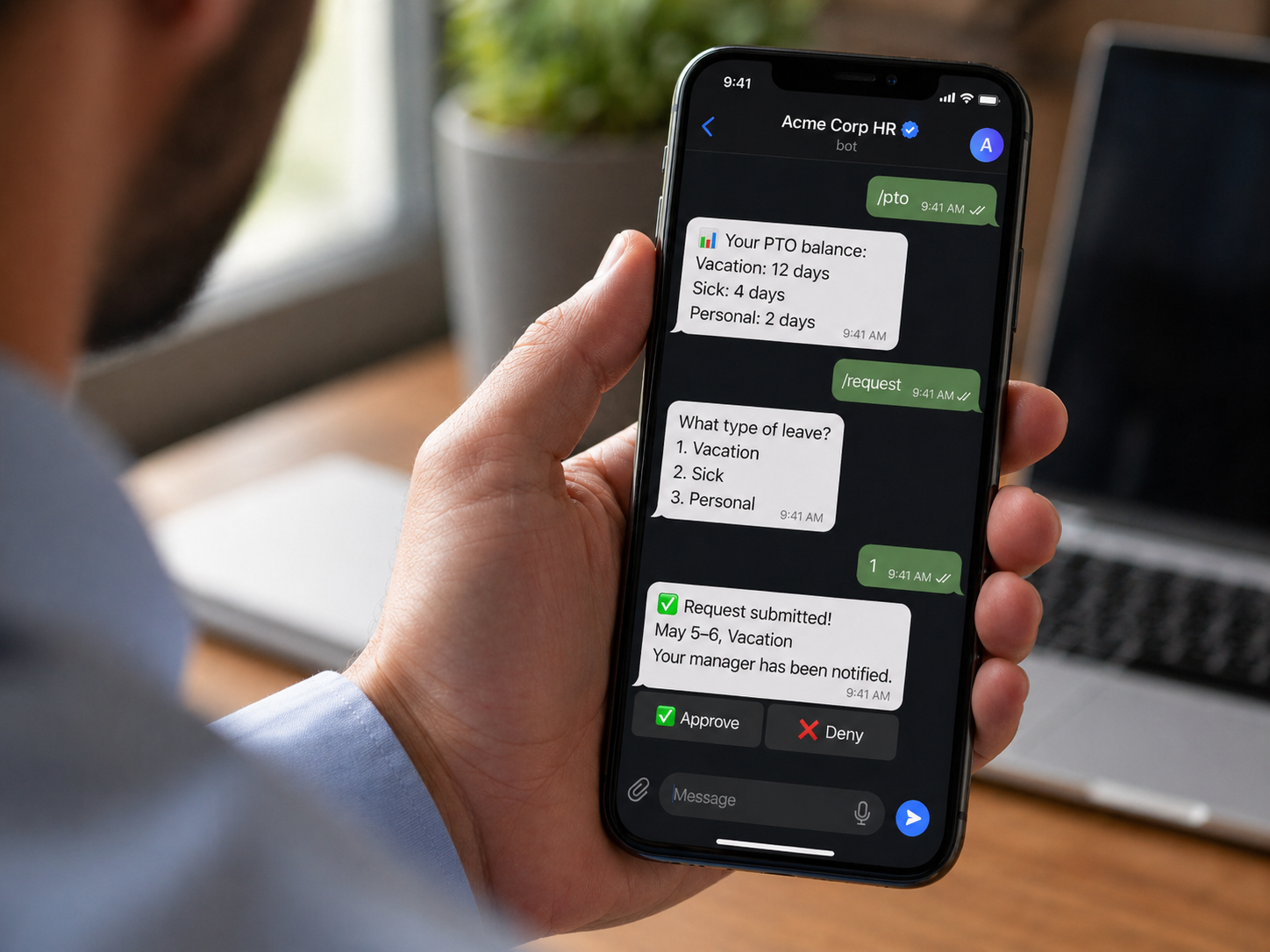 Lenavio Telegram HR agent — request PTO, check balances, approve in chat